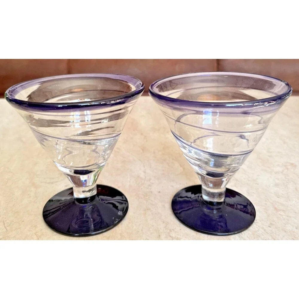 KOSTA BODA Pair Royal Caribbean Handblown Margarita Martini Glass Cobalt Blue